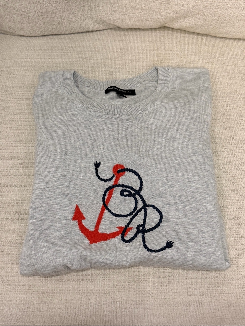 Banana Republic Light Gray Crewneck Sweater with Red Anchor and Navy Rope